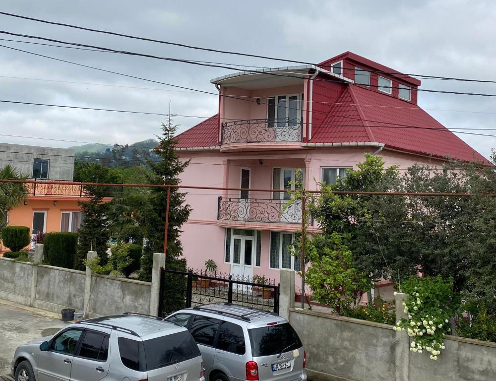 two cars parked in front of a pink house at Villa Jakos Paradise in Batumi