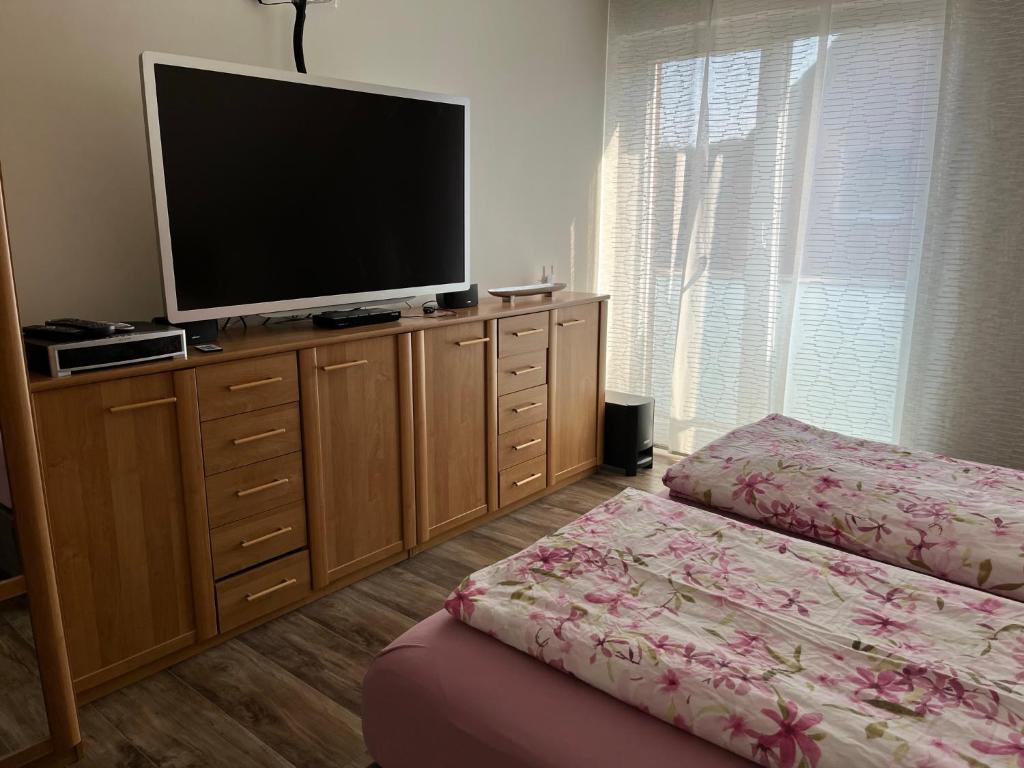 Schlafzimmer mit einem Flachbild-TV auf einer Kommode in der Unterkunft Gästezimmer Am Haarhaus in Ostbevern