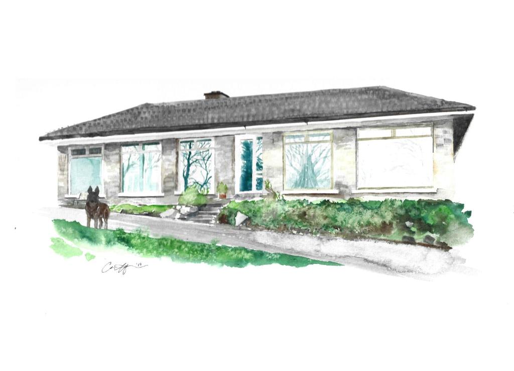a drawing of a house with a dog in front at Hollybanks in Moycullen