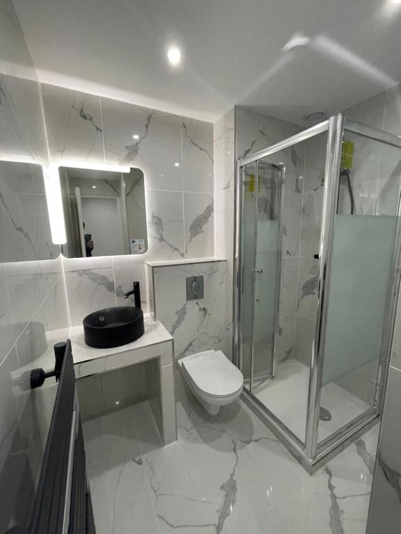 a white bathroom with a shower and a toilet at Monaco quartier Monte Carlo magnifique 2 pièces in Monte Carlo