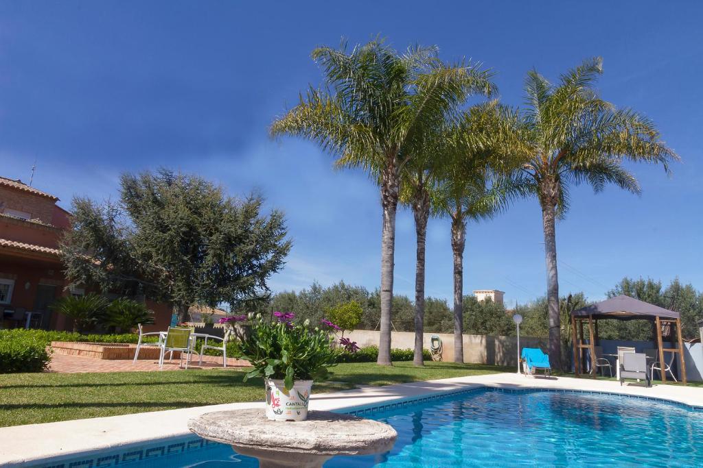 una piscina con palmeras en un patio en Casa Torre del Virrey, en La Eliana
