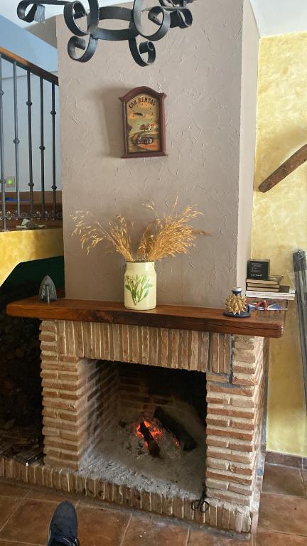 a fireplace with a wooden mantle with a fire place at Casa Rural Luna del Tiétar in Almendral de la Cañada