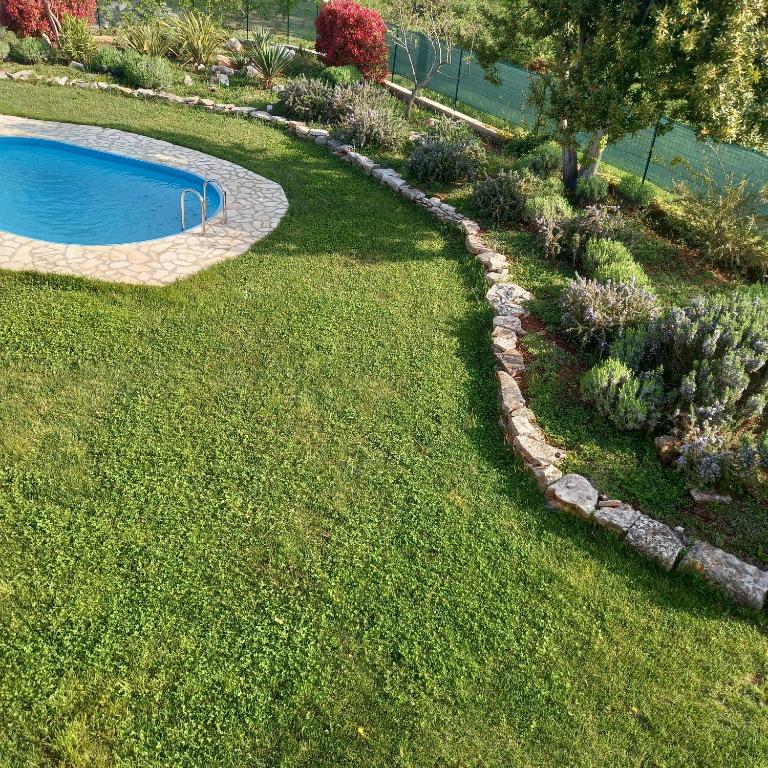 an overhead view of a garden with a swimming pool at Villa Malini in Grožnjan