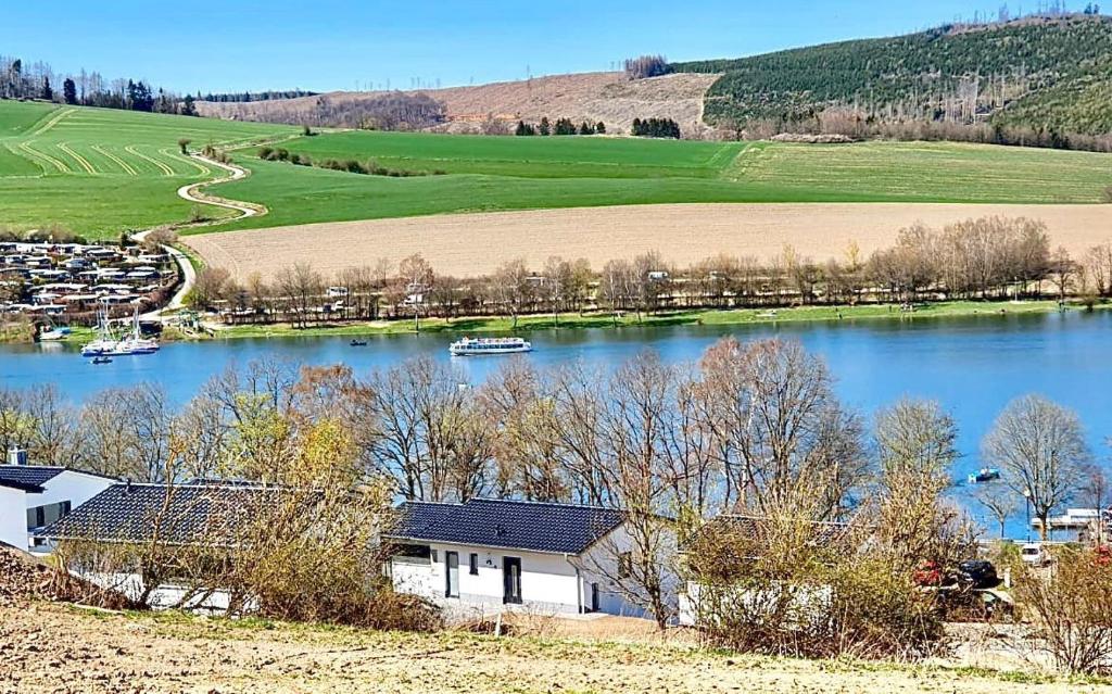 a view of a lake with boats in it at Ferienhaus Diemelblick 39 in Heringhausen