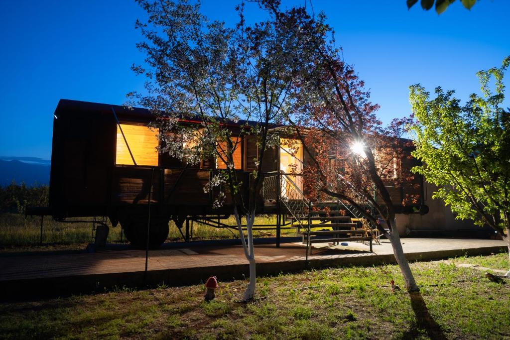 a house with a tree in the yard at Train in the Forest in Aridaia