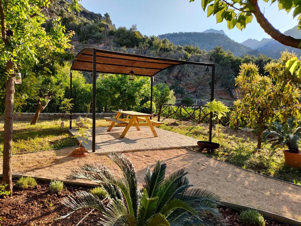 a picnic table in a garden with mountains in the background at Se Taulera in Fornalutx