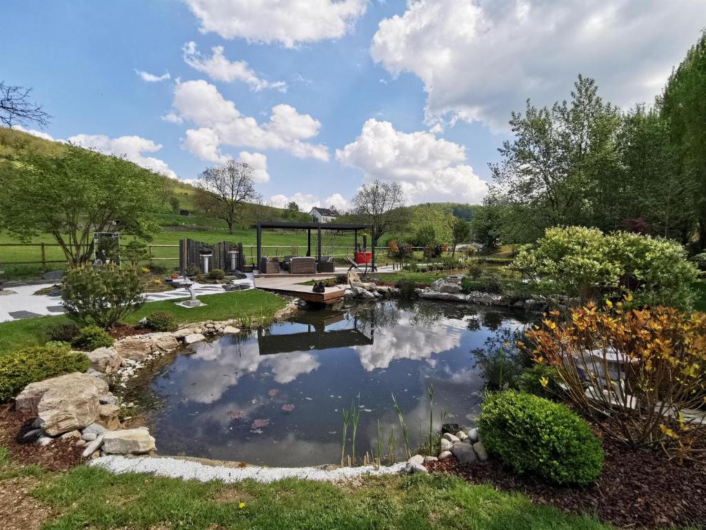 a pond in the middle of a garden at Les Gîtes du Griffon l'Erable in Aubigny-lès-Sombernon