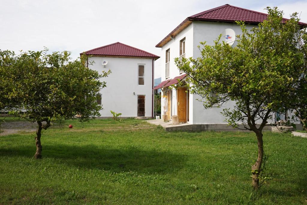 uma casa branca com duas árvores num quintal em Leto land Guest House em Pizunda