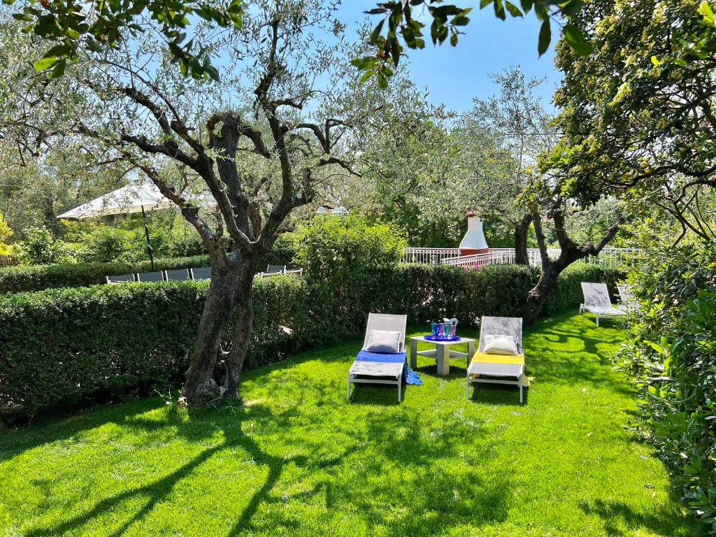 2 chaises, une table et un arbre dans la cour dans l'établissement Villa La Rodina, à Diano Marina
