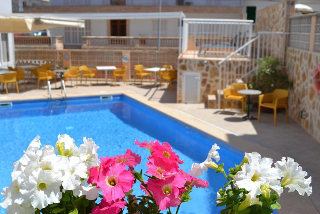 una piscina con flores rosas y blancas, mesas y sillas en Hotel Vista Sol en Cala Ratjada
