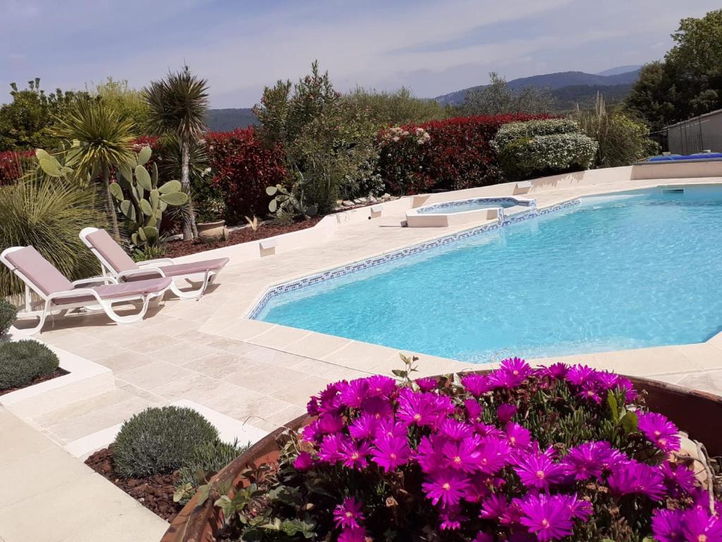 una piscina con 2 sillas y flores púrpuras en Gîte provençal indépendant avec piscine chauffée : LE SUY BIEN, en Flayosc