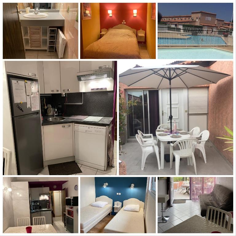 un collage de photos d'une cuisine et d'une chambre dans l'établissement Maison dans résidence 3*proche plage, à Saint-Cyprien