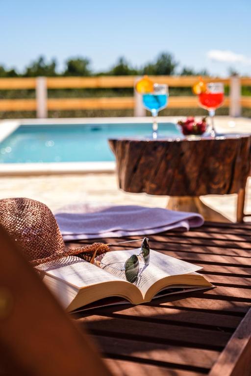 an open book sitting on a table with a drink at Holliday Home "Maslinada" in Milna