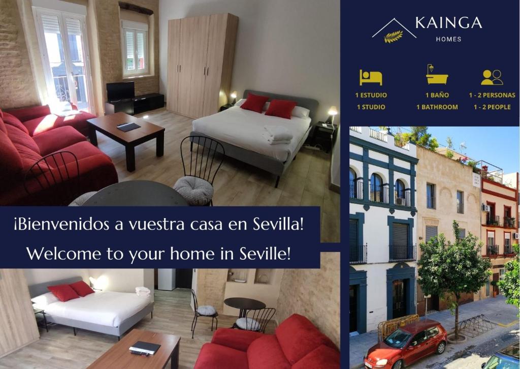 Habitación de hotel con sofá rojo y habitación con cama en Almona junto al río - Kainga Homes, en Sevilla