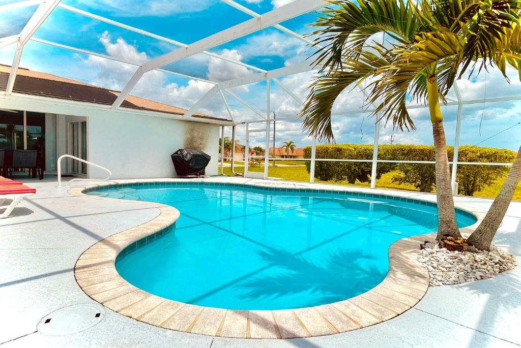 een zwembad met een palmboom in een huis bij !NEW! Villa Violina in Cape Coral