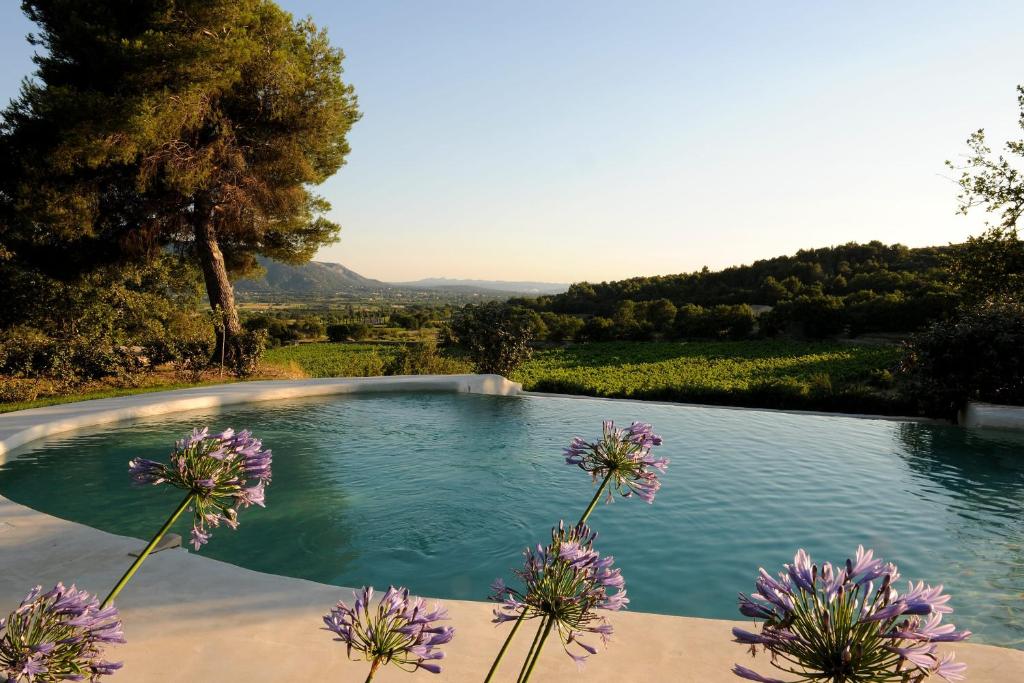 una piscina con fiori viola di fronte di Propriété avec vues panoramiques a Cabrières-dʼAvignon