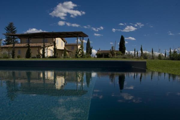 a pool of water in front of a house at Rinidia Bio in Sovicille