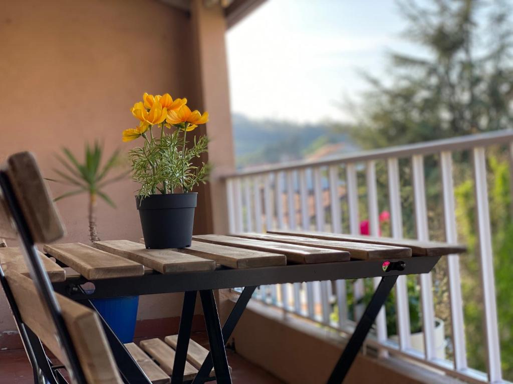 a potted plant sitting on a wooden table on a balcony at Apartamento Padrón Centro, Camino De Santiago P3 UR in Padrón