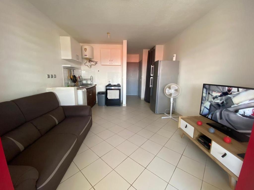 een woonkamer met een bank en een tv en een keuken bij T2 lumineux au calme in Cayenne