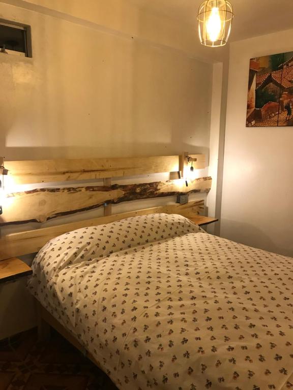 1 dormitorio con 1 cama y pared de madera en Casa de Ana B&B, en Huaraz