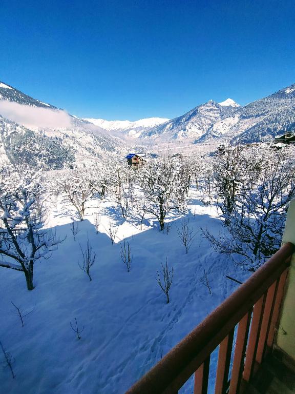 a balcony with snow covered trees and mountains at Sarthak Home Stay, Beautiful Valley view of Mountain in Jagatsukh