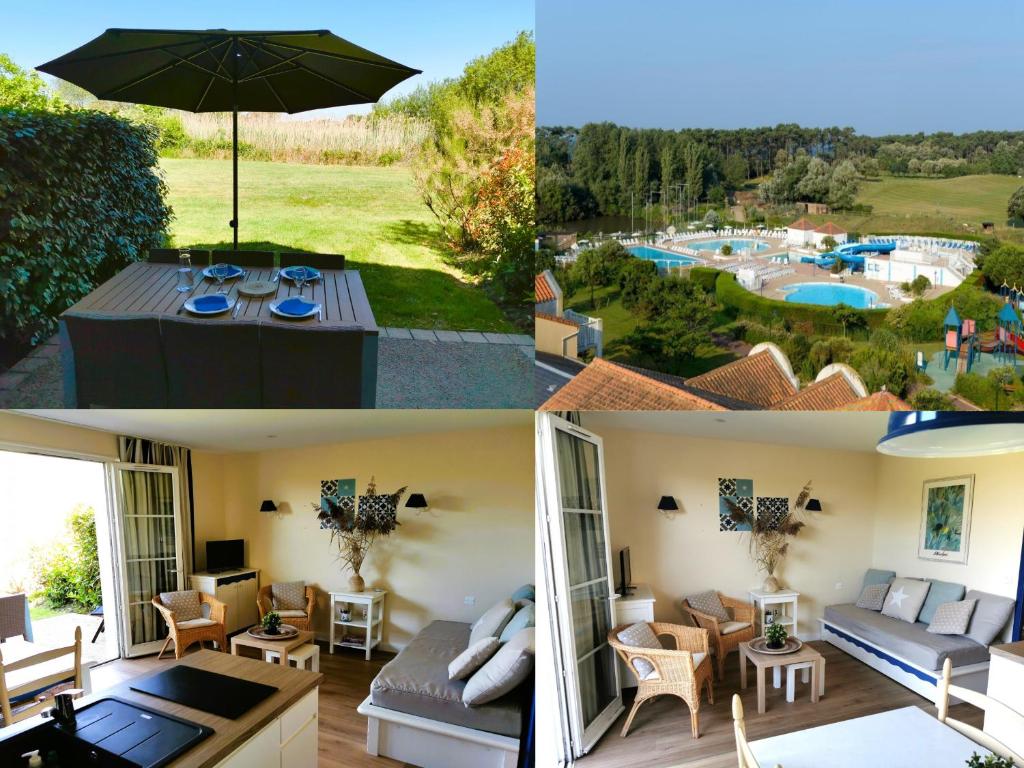 a collage of three pictures of a house with a pool at Les Roseaux - Piscine chauffee in Talmont-Saint-Hilaire