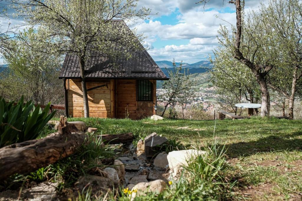 ヴィソコにあるBungalows Old Townの畑の中の小さな丸太小屋