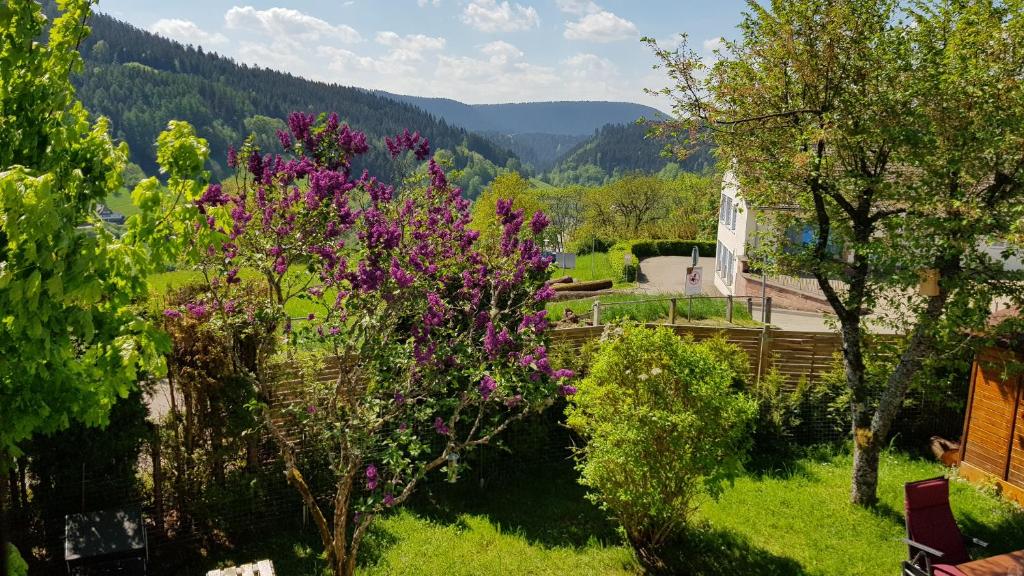 un árbol con flores púrpuras en un patio con una casa en Große Wohnung mit Balkon Sulzbergblick in Alpirsbach, en Alpirsbach
