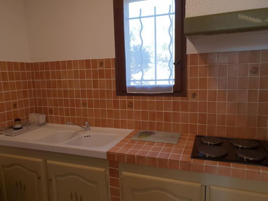 a kitchen with a sink and a stove and a window at Résidence Lou Cigaloun - ANA LOCATION in Gréoux-les-Bains