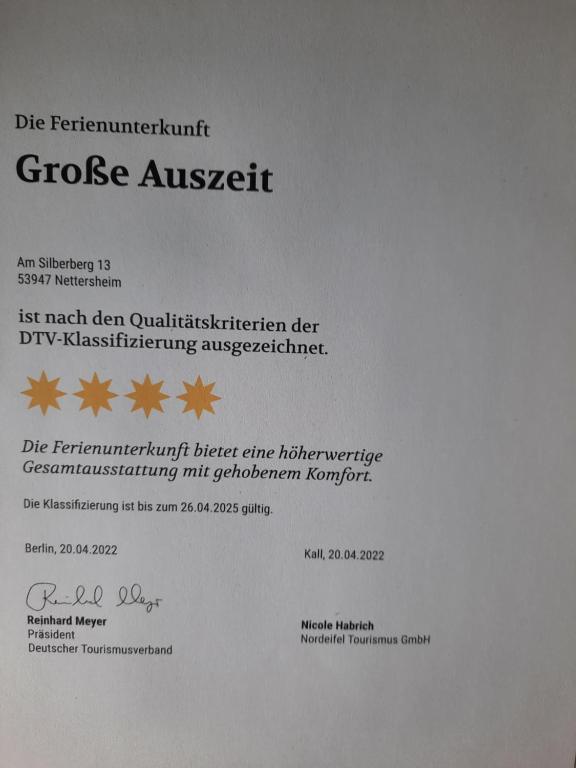 Certifikát, hodnocení, plakát nebo jiný dokument vystavený v ubytování Große Auszeit Eifel mit Sauna, Kamin und Terrasse
