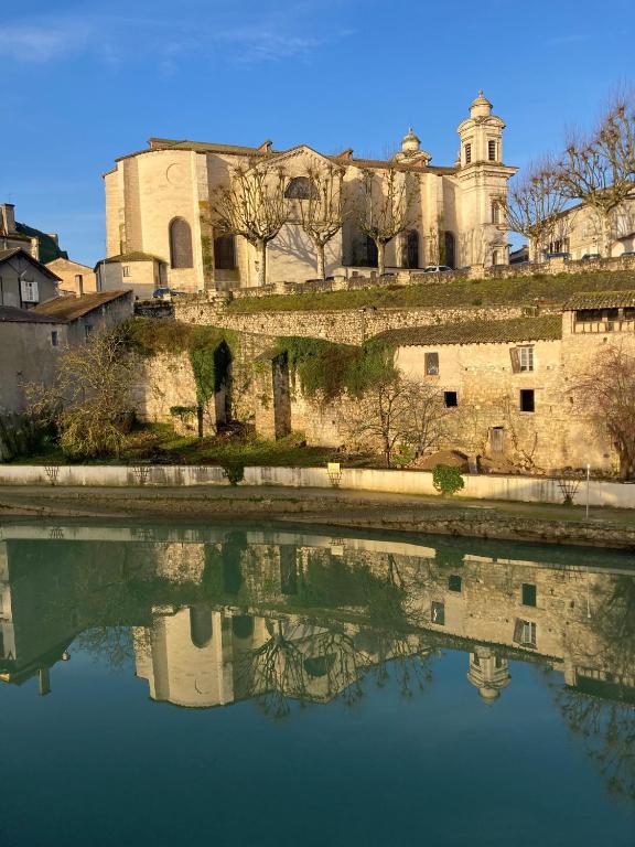 un château avec une réflexion dans un corps d'eau dans l'établissement LES QUAIS DE NERAC, à Nérac