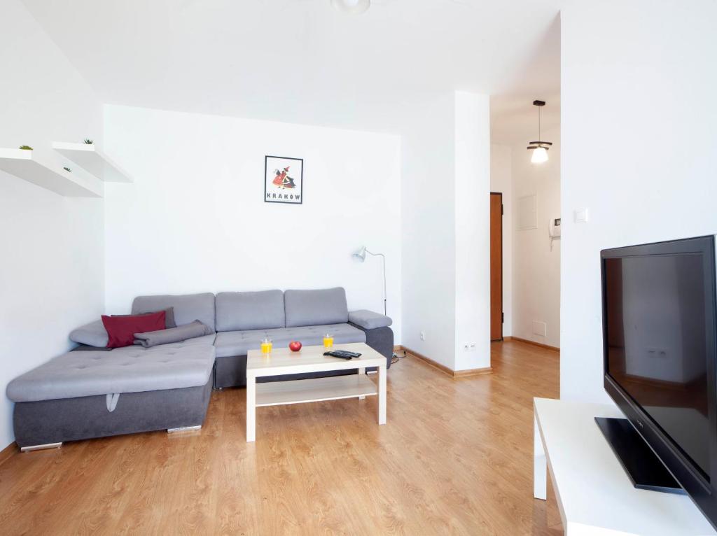 a living room with a couch and a table and a tv at Waw Apartamenty Wilanów Branickiego in Warsaw