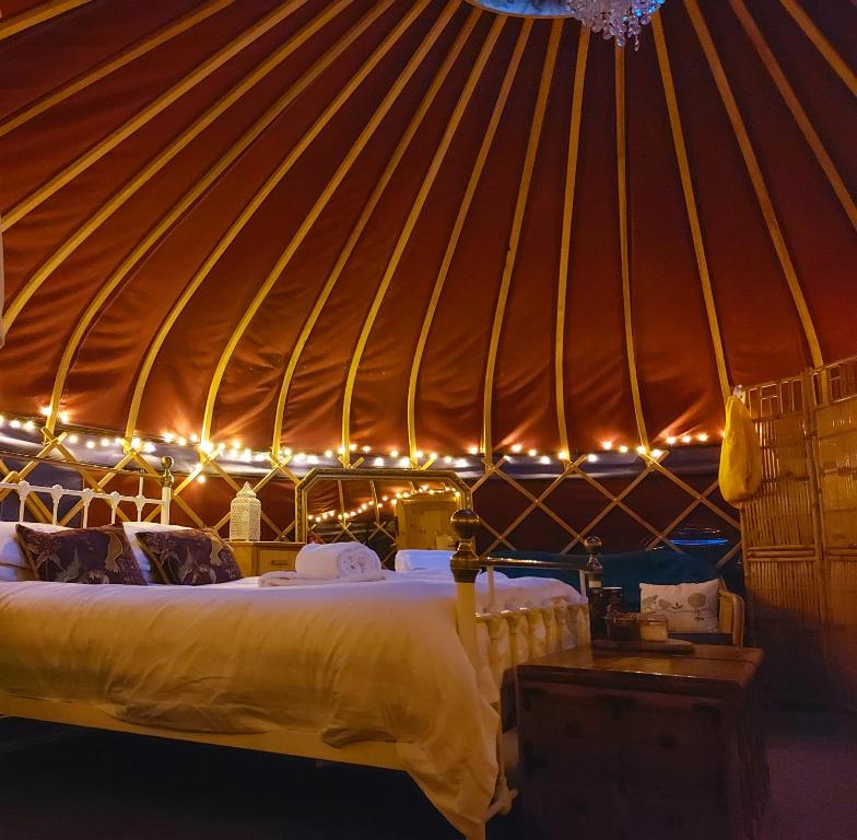 Una cama en una yurta con luces. en Orchard View Yurt & Hot Tub Somerset en Weston-super-Mare
