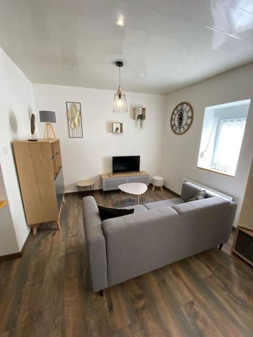 un salon avec un canapé et une horloge au mur dans l'établissement Le Studio du Tanneur Selestadien, à Sélestat