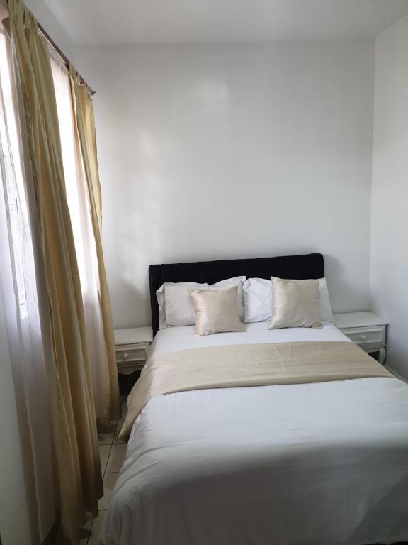 a bed with two pillows sitting next to a window at Lovely 2 and 1 bedroom guest units Karen in Nairobi