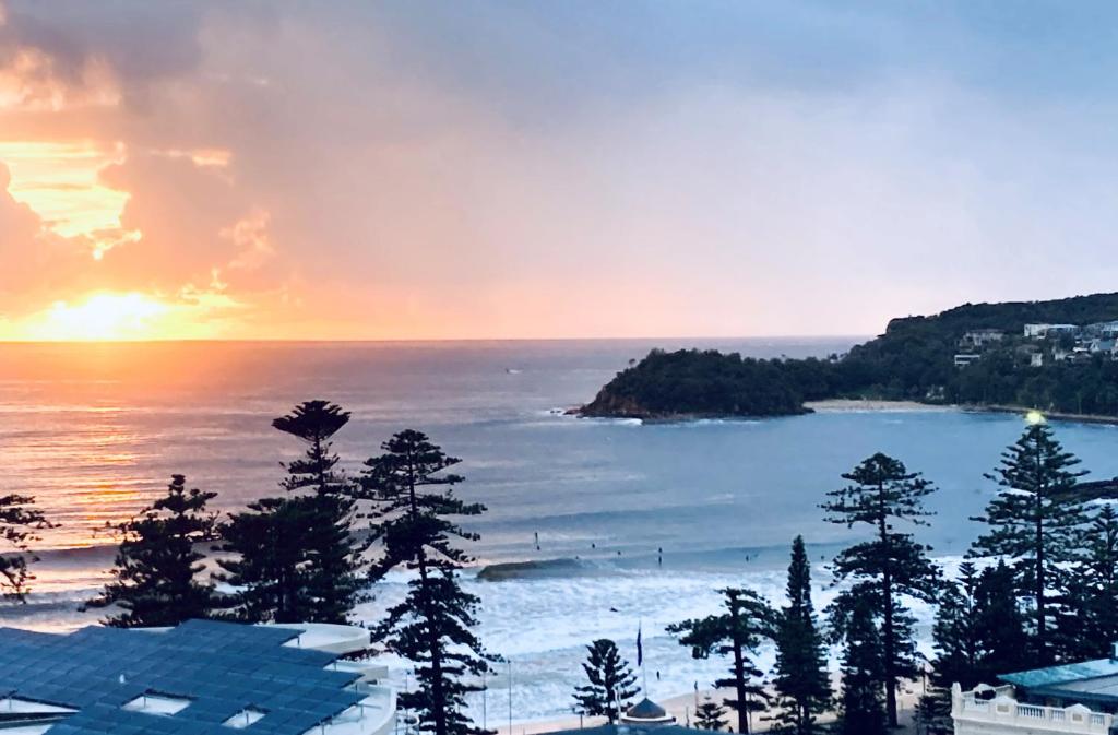 a sunset over a beach with trees and the ocean at Manly Ocean Beach View Sunrise & Sunset in Sydney