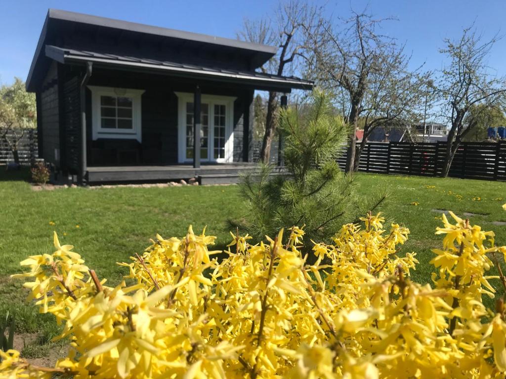 una casa con flores amarillas delante de ella en Atostogų namelis Laukys en Druskininkai