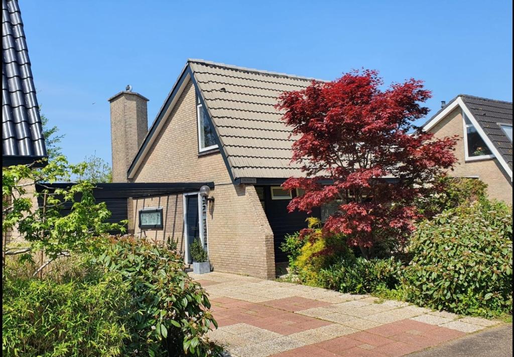 a house with a red tree in front of it at Lake House 19 relax accommodation in Warmond