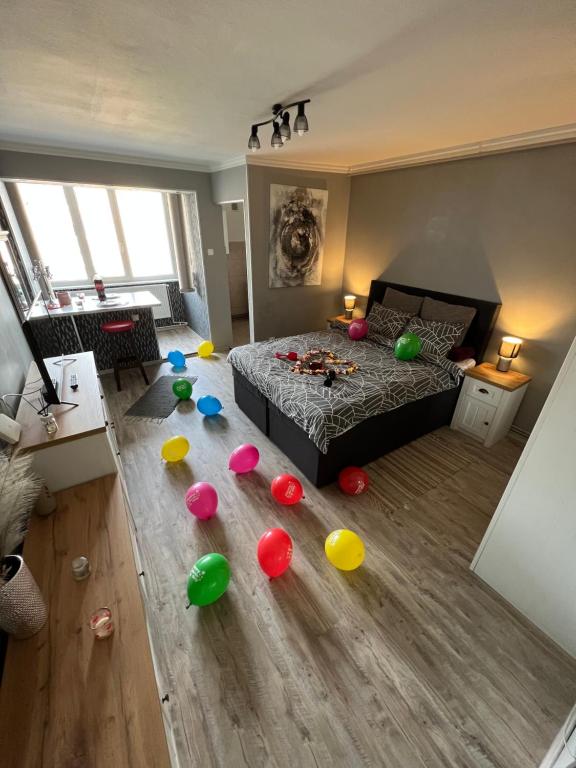 a room with a bed and some balls on the floor at Zizi's House Gării 2 in Braşov