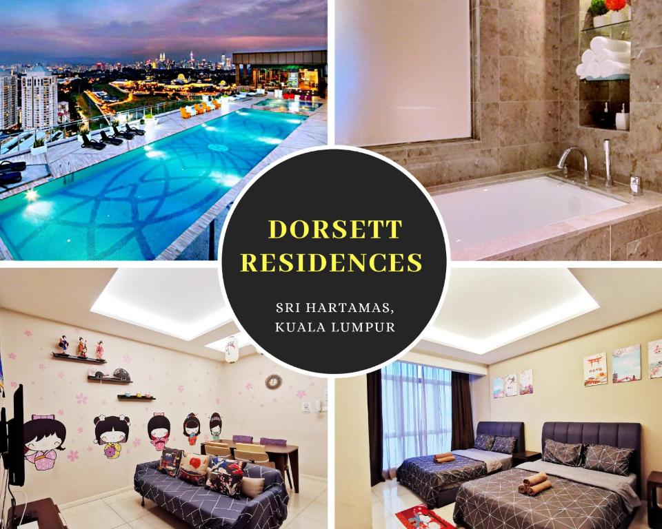 een collage van foto's van een hotelkamer met een zwembad bij Dorsett Residences Kuala Lumpur in Kuala Lumpur