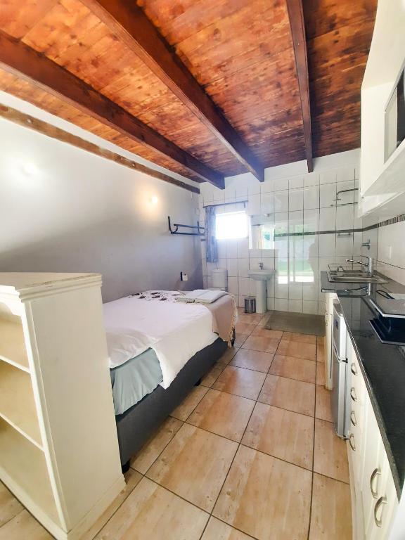1 dormitorio grande con 1 cama y cocina en Greystones Self Catering Chalet 3, en Sir Lowry Pass