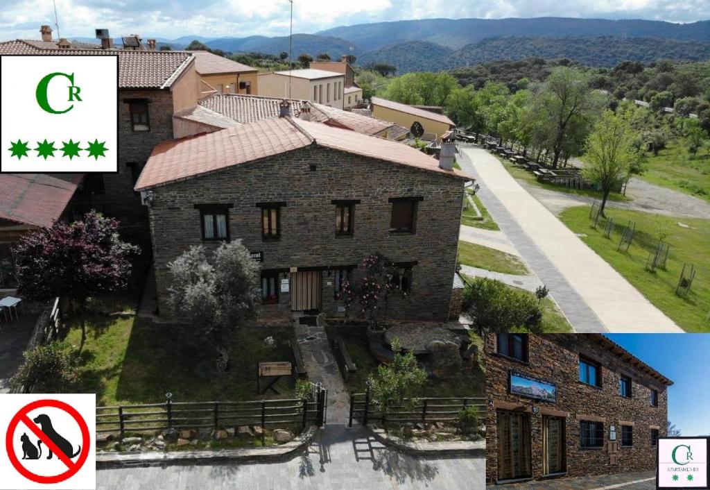 una imagen de una casa con una montaña en el fondo en Casa Rural Al-Mofrag y Apartamentos El Mirador de Monfragüe en Villarreal de San Carlos