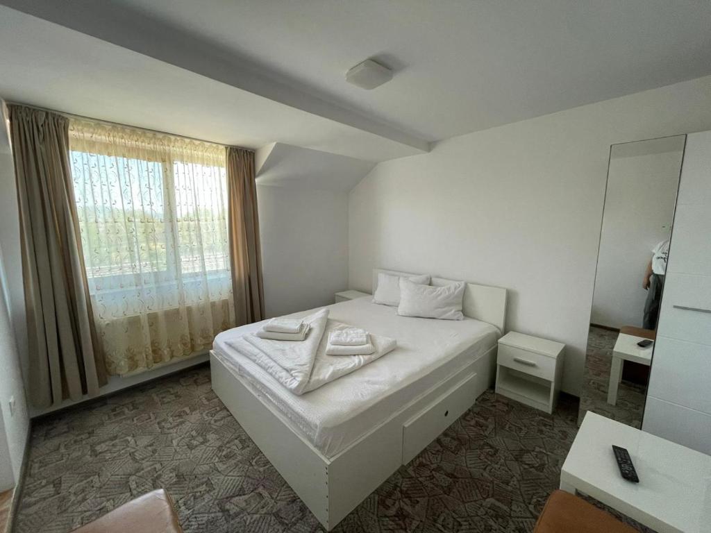 a bedroom with a white bed and a mirror at Pensiunea Floare de Colt in Deva