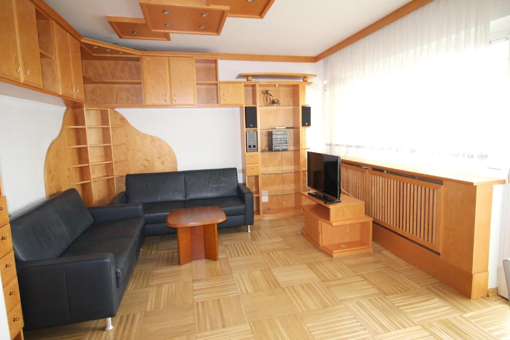 sala de estar con sofá y TV en Geräumige Ferienwohnung im Zentrum en Sankt Pölten