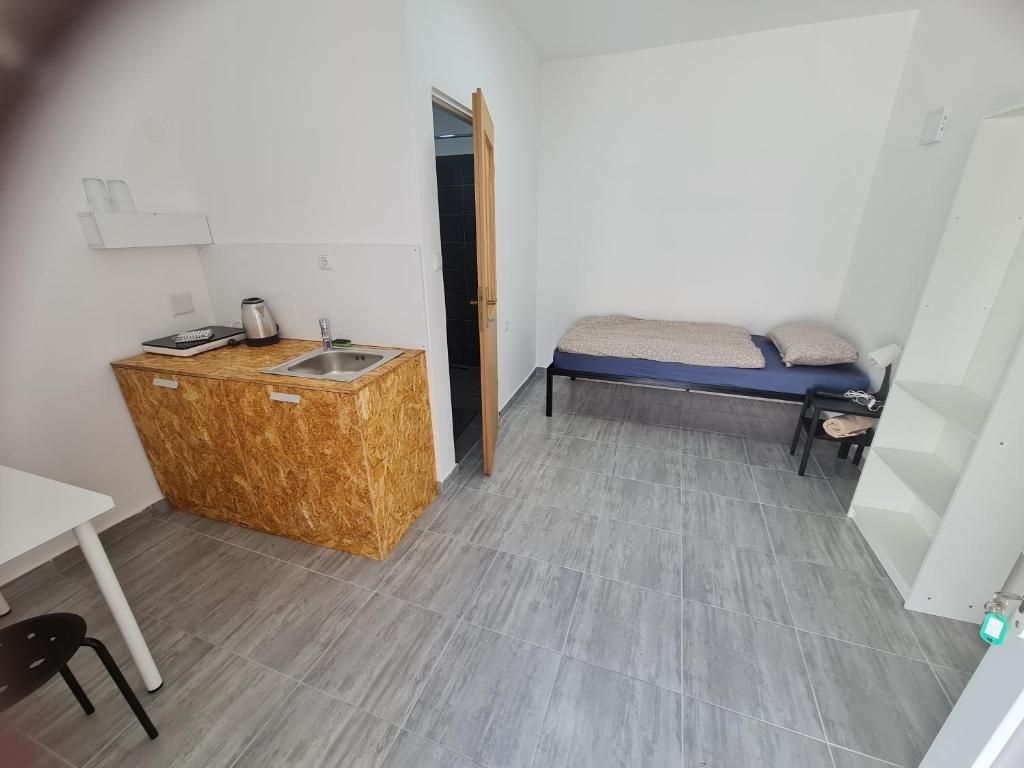 ein kleines Zimmer mit einem Waschbecken und einem Bett in der Unterkunft Budget Apartment LeLo Centar2 in Osijek