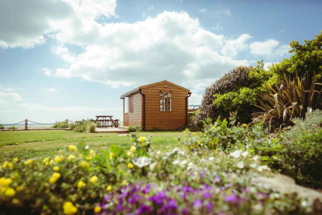 una pequeña cabaña de madera en un campo con flores en Beach Garden, en Pevensey