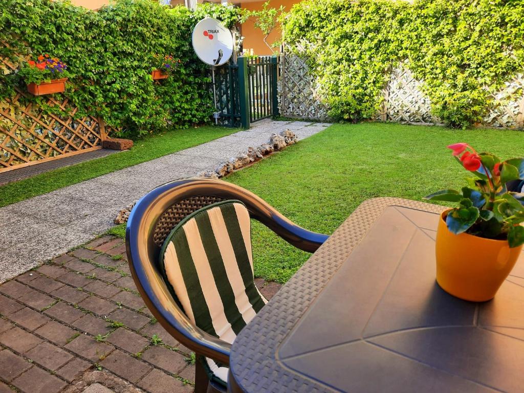 a table and chair with a potted plant on a patio at La casa di Davide con giardino e garage in Verona