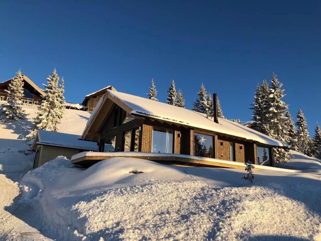 une maison recouverte de neige avec des arbres en arrière-plan dans l'établissement Modern New Large Cabin Ski in out Sjusjøen, à Ringsaker