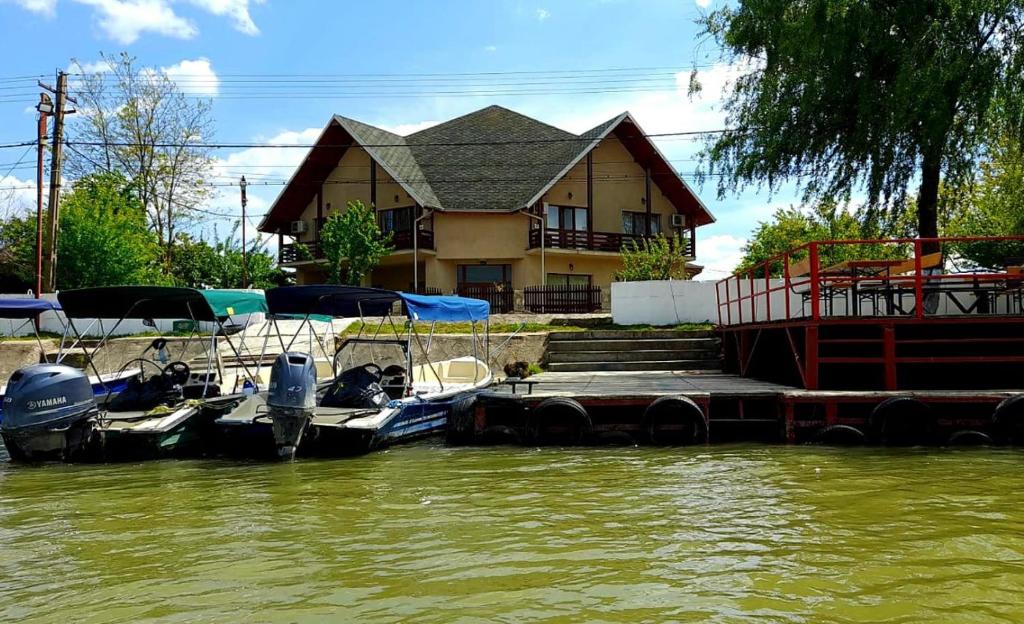 a house with boats docked next to a river at Pensiunea Anca in Crisan