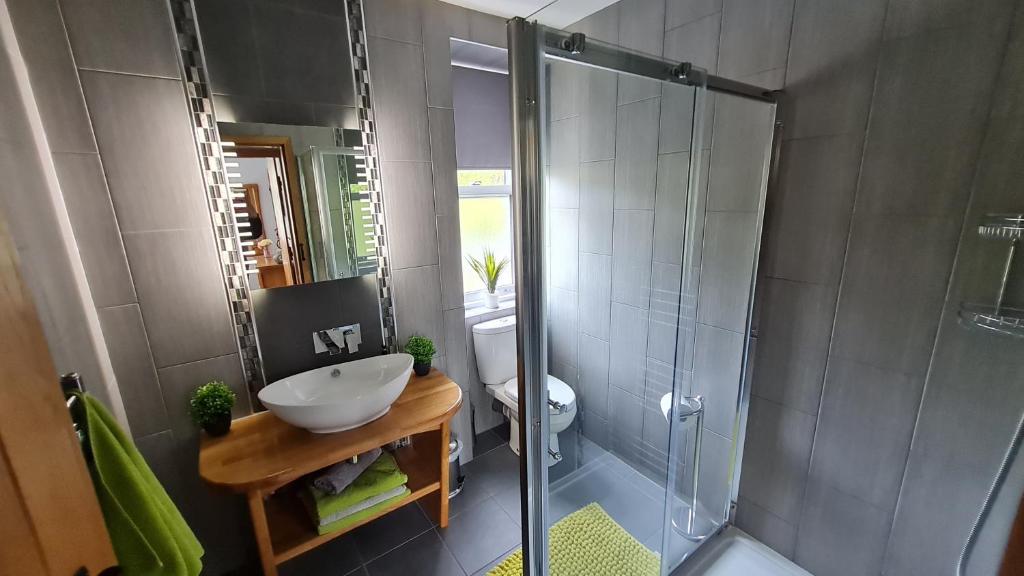 a bathroom with a sink and a glass shower at Deeside Holiday Cottages in Dinnet